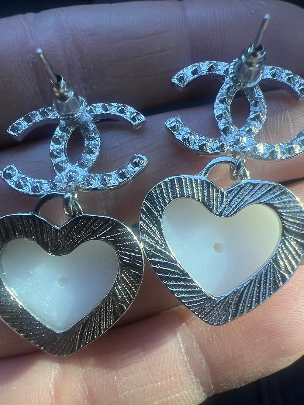 CHANEL Silver Crystal CC Logo Earrings with Iridescent White Heart Drops - Picture 8 of 8
